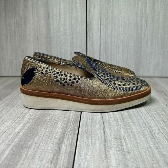 Free People Snake Eyes Metallic Gold Blue Fabric Flat Loafer Women’s Size 7 37 - Picture 4 of 10